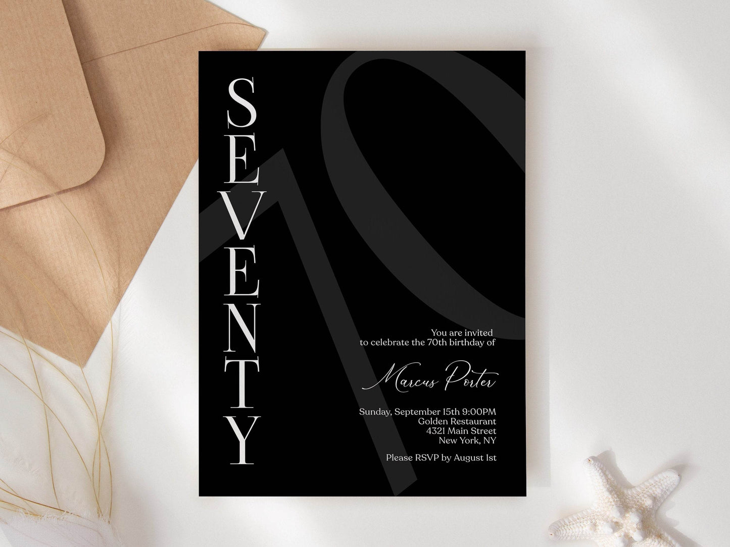 Minimalist Simple Black 70th Seventy Birthday Invitation Template, Editable Any Age Men Invitation, Email Text Message, Printable Invitation