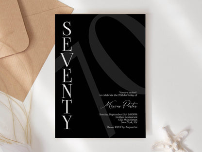Minimalist Simple Black 70th Seventy Birthday Invitation Template, Editable Any Age Men Invitation, Email Text Message, Printable Invitation