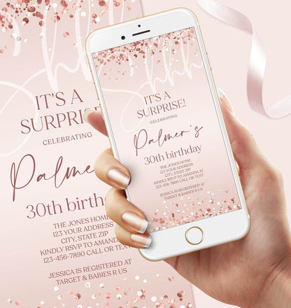 Digital Surprise 30th Birthday Invitation Template | Rose Gold Phone Evite