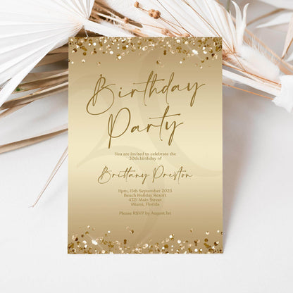 Editable Ladies Golden Birthday Party Invitation Template, Gold Party Invite, Printable Woman Brunch Card, Digital Email Text Message Evite