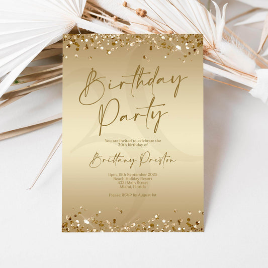 Editable Ladies Golden Birthday Party Invitation Template, Gold Party Invite, Printable Woman Brunch Card, Digital Email Text Message Evite