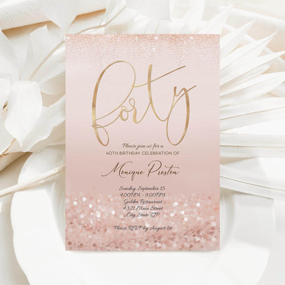 Rose Gold 40th Birthday Invitation Template, Editable Ladies Surprise Party Invite, Printable Pink Evite, Digital Text Message Download