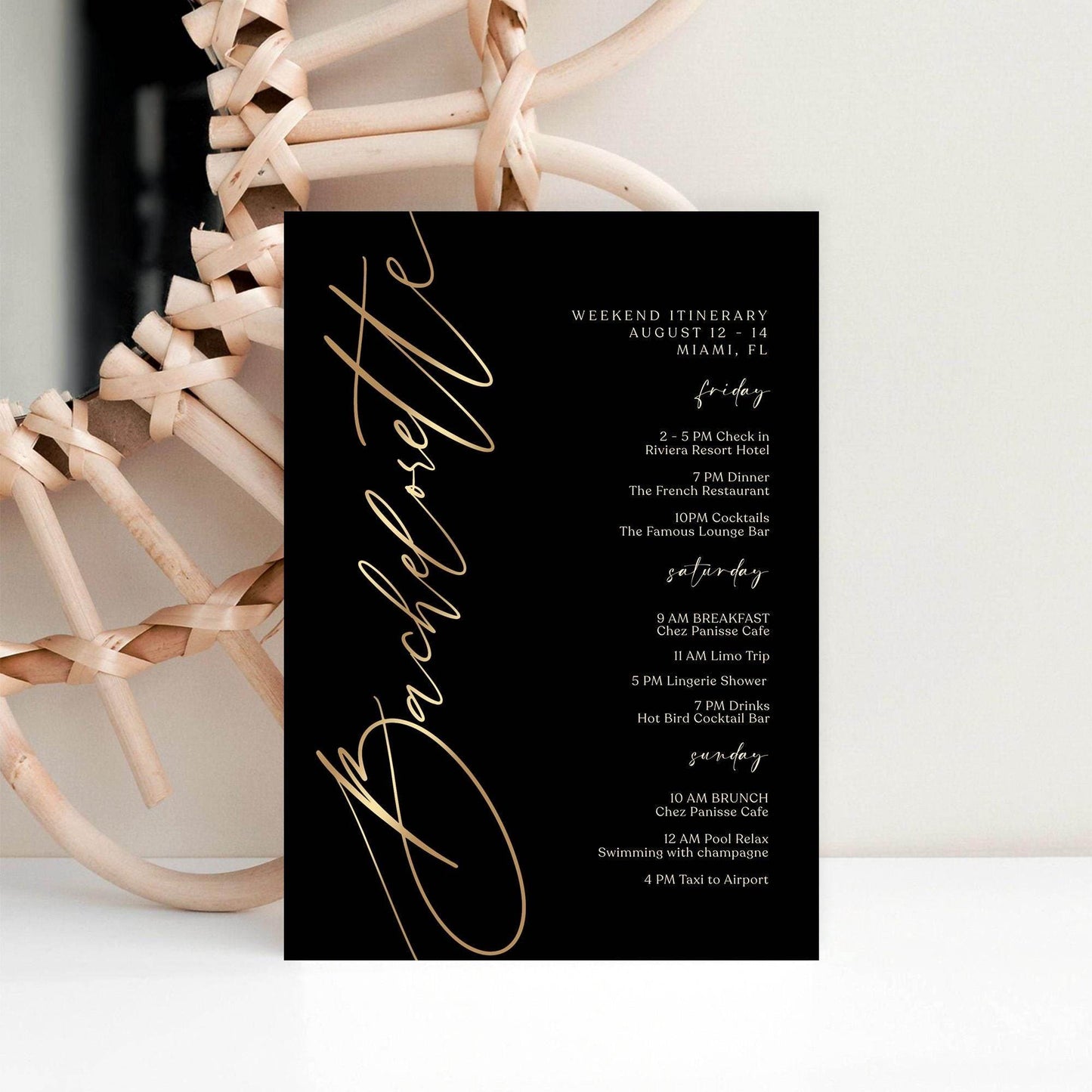 Black Bachelorette Itinerary Template, Editable Weekend Event Schedule, Printable Elegant Itinerary, Digital Download, Text Message Evite