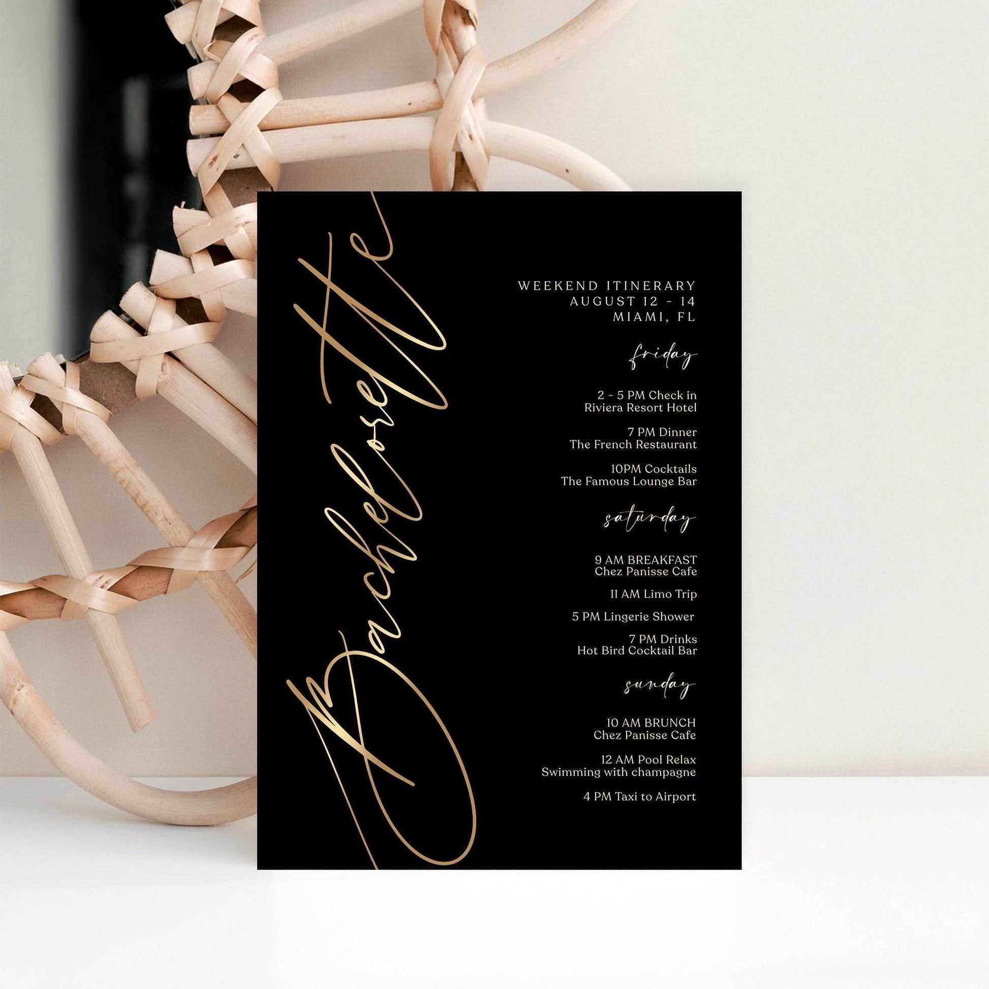 Black Bachelorette Itinerary Template, Editable Weekend Event Schedule, Printable Elegant Itinerary, Digital Download, Text Message Evite