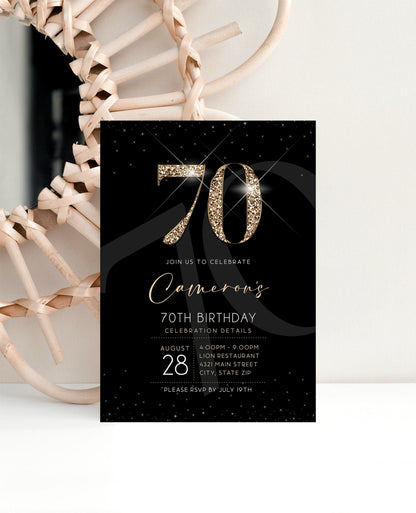 Black Gold Luxury 70th Seventy Birthday Invitation Template, Printable Men's Invite, Editable Invitation, Elegant Invite, Email Text Message