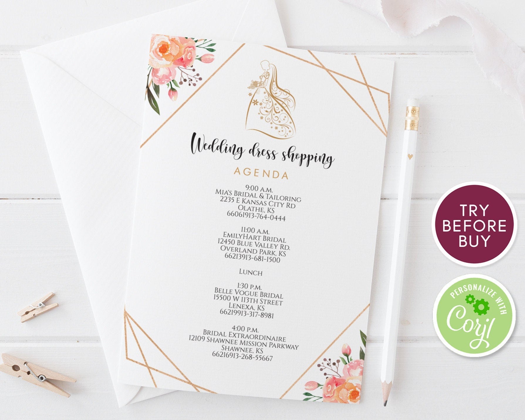 Printable Agenda for Wedding Dress Shopping Invitation, Blush Geometric Floral Dress Shopping Agenda, Editable Invite, Instant Download DIY