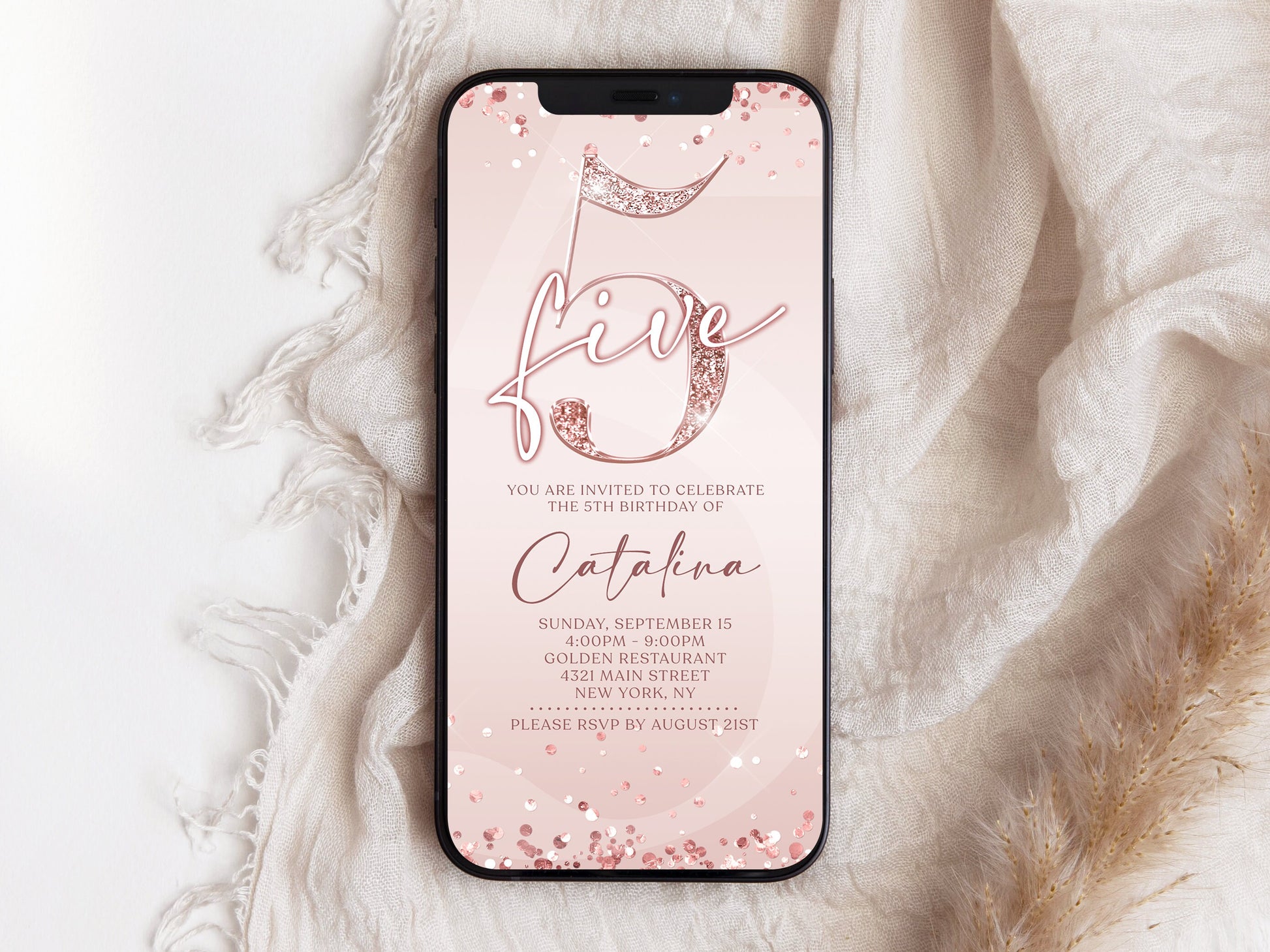 Digital Pink 5th Birthday Invitation Template | Instant Download | Rose Gold Foil Design