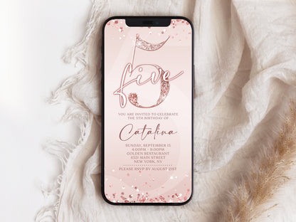 Digital Pink 5th Birthday Invitation Template | Instant Download | Rose Gold Foil Design