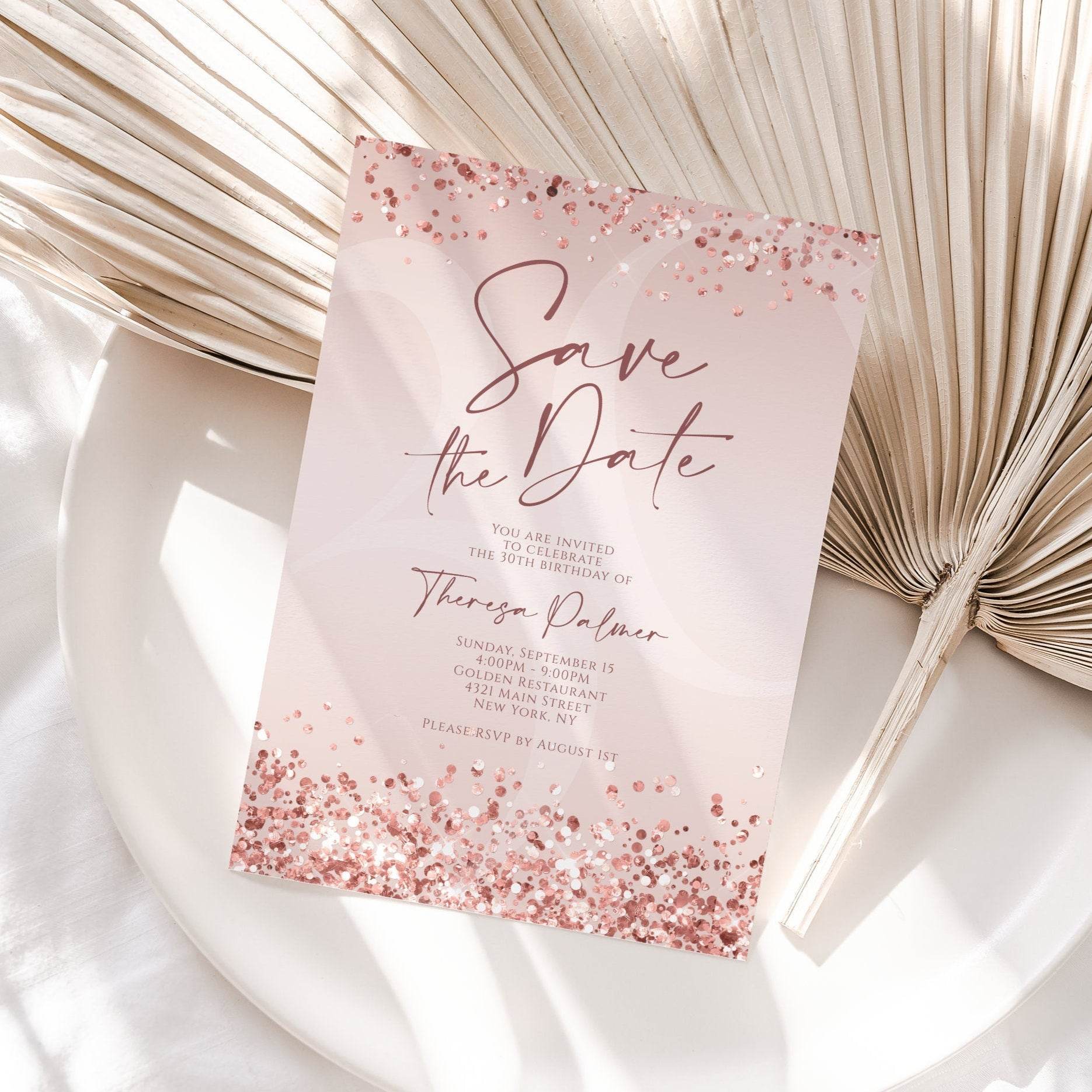 Printable Rose Gold Save the Date Birthday Invitation Template | Rose Gold Foil Confetti Editable Evite | Any Age Text Message Invite | Instant Download