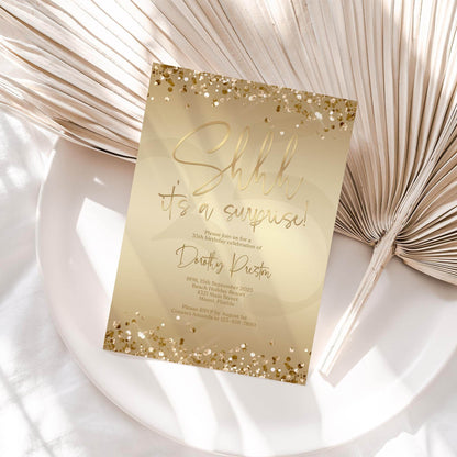 Surprise Party Invitation Template | Editable Gold Foil Birthday Invite | Shhh It’s a Surprise Card | Any Age Printable Evite | Text or Email