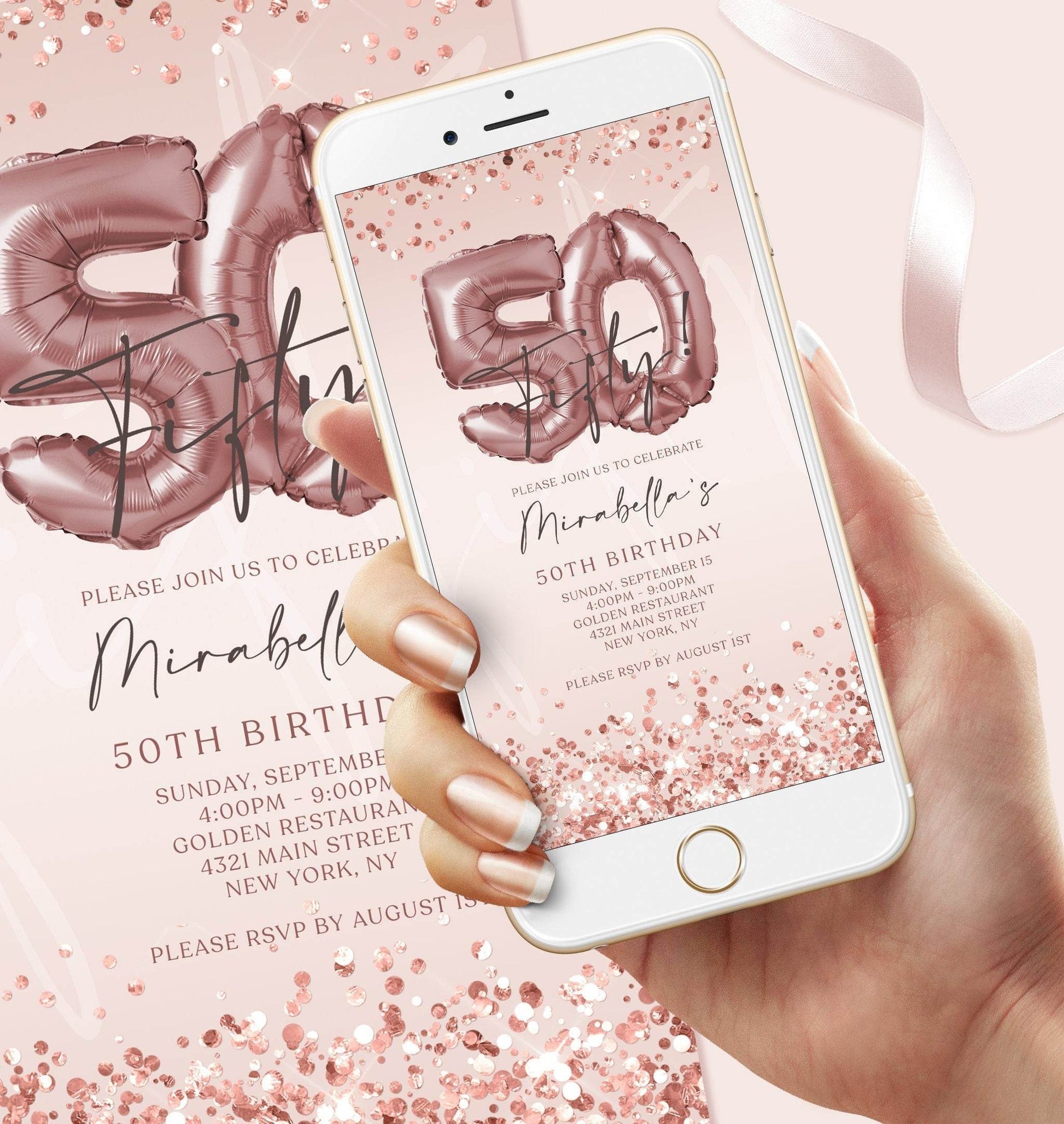 Digital 50th Birthday Invitation | Rose Gold Electronic Evite | Editable Phone Text Message Invite | DIY Pink Mobile Template | Instant Download