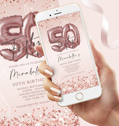 Digital 50th Birthday Invitation | Rose Gold Electronic Evite | Editable Phone Text Message Invite | DIY Pink Mobile Template | Instant Download