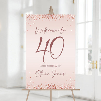 Printable Rose Gold 40th Birthday Welcome Sign, Editable Pink Rose Gold Party Sign Template, Confetti 40th Birthday Decor, Instant Download