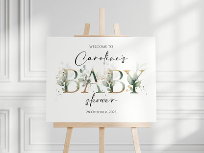 Editable Eucalyptus Baby Shower Welcome Sign, Personalised Baby Shower Decoration, Printable Greenery Gold Baby Shower Welcome Sign Template