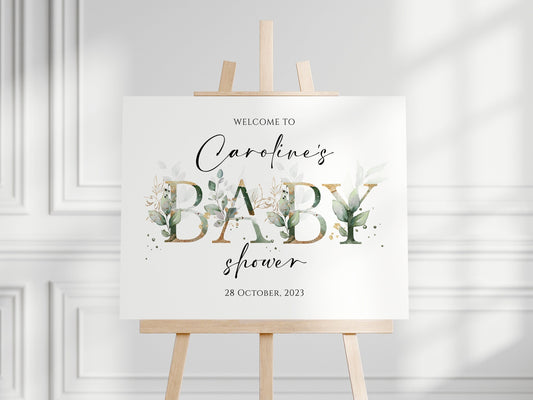 Editable Eucalyptus Baby Shower Welcome Sign, Personalised Baby Shower Decoration, Printable Greenery Gold Baby Shower Welcome Sign Template