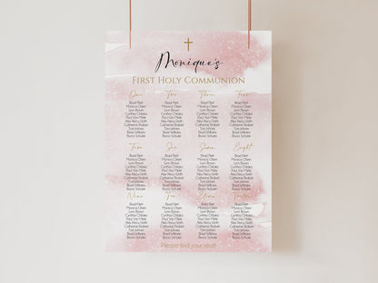 Pink Girl First Holy Communion Seating Chart Sign Template, Printable Seating Chart, Editable Seating Sign, Digital Girl Seating Sign Poster