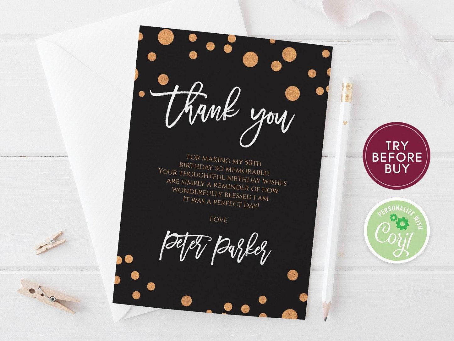 Black Gold Thank You Card, Printable Adult Birthday Party Card, 30th 40th 50th 60th 70th 80th Anniversary Thank You, Man Woman, Editable DIY