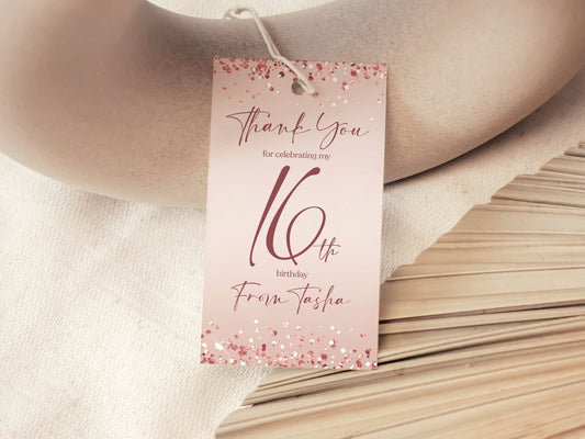 Rose Gold Sweet Sixteen Birthday Favor Tag, Printable Thank You Tag Template, Pink Editable Party Favor Label, Any Age Digital Tag
