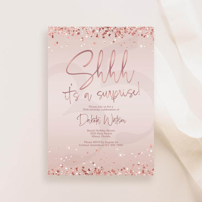 Surprise Party Invitation Template | Pink Rose Gold “Shhh... It’s a Surprise” Editable Birthday Invite | Any Age Digital Evite | Instant Download