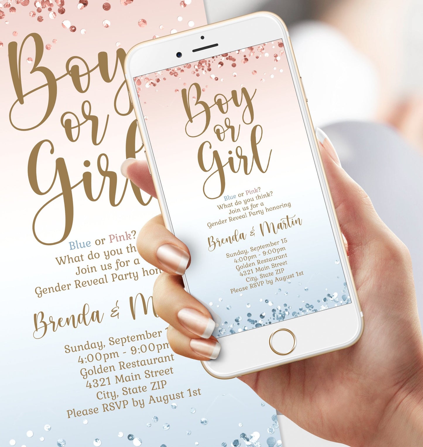 Digital Boy Or Girl Gender Reveal Invitation Template, Electronic Blue Pink Text Message Invite, He Or She Party Evite, Instant Download
