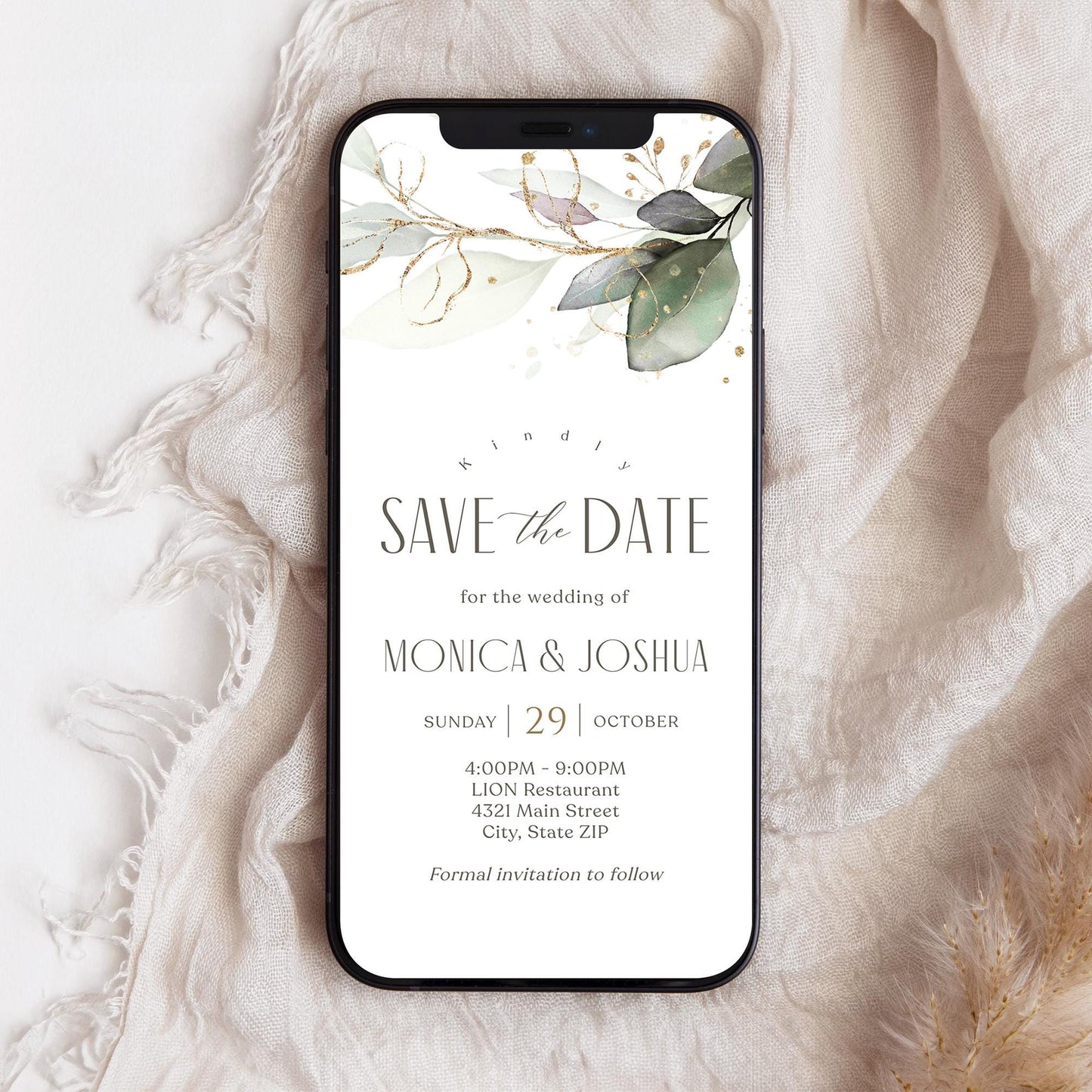 Digital Kindly Save the Date Editable Invitation Template, Bohemian Greenery Eucalyptus Invite, Electronic Save the Date Text Message Evite
