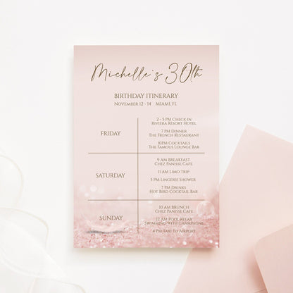 Printable Birthday Itinerary Template, Editable Birthday Itinerary, Birthday Party, Birthday Weekend, Rose Gold Itinerary, Instant Download