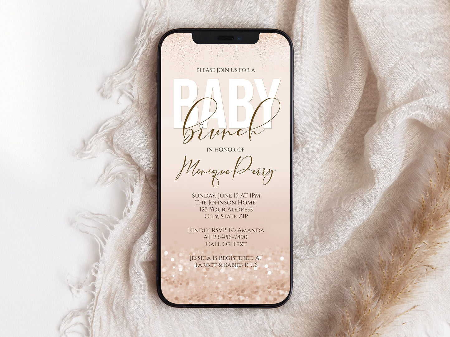 Digital Girl Baby Brunch Invitation Template – Rose Gold Text Message Evite