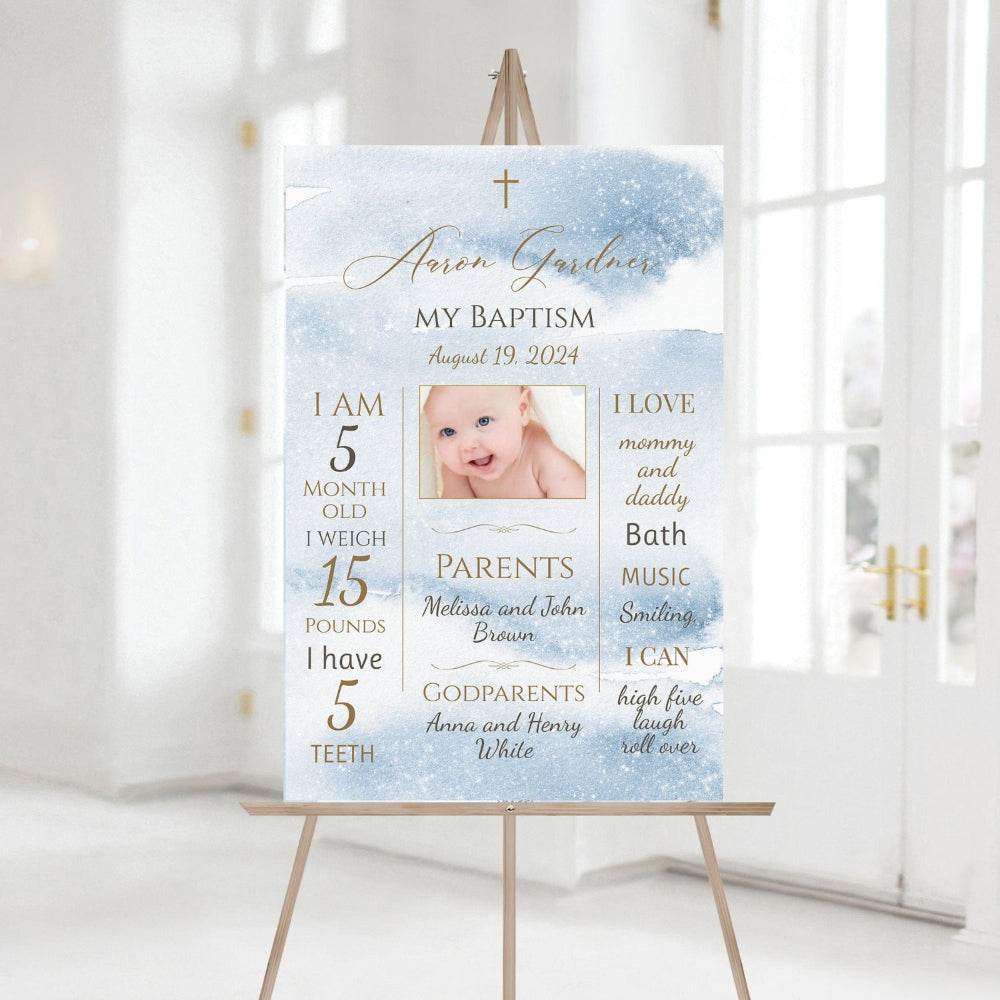 Boy Baptism Chalkboard Sign – Blue Watercolor Milestone Poster – Printable Welcome Sign with Photo – Editable Baptism Welcome Board