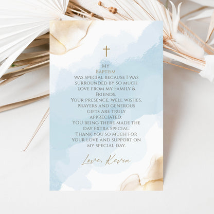 Printable Baptism Thank You Card Template, Thank You Note Card, Boy Baptism Thank You Card, Editable Blue Gold Watercolor Thank You Card 4x6