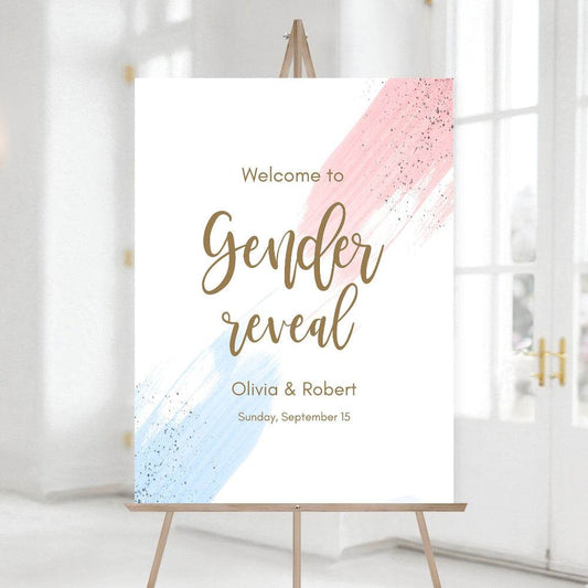 Printable Gender Reveal Welcome Sign Template – Editable Pink & Blue Watercolor Party Sign | Boy or Girl Custom Digital Sign | Instant Download