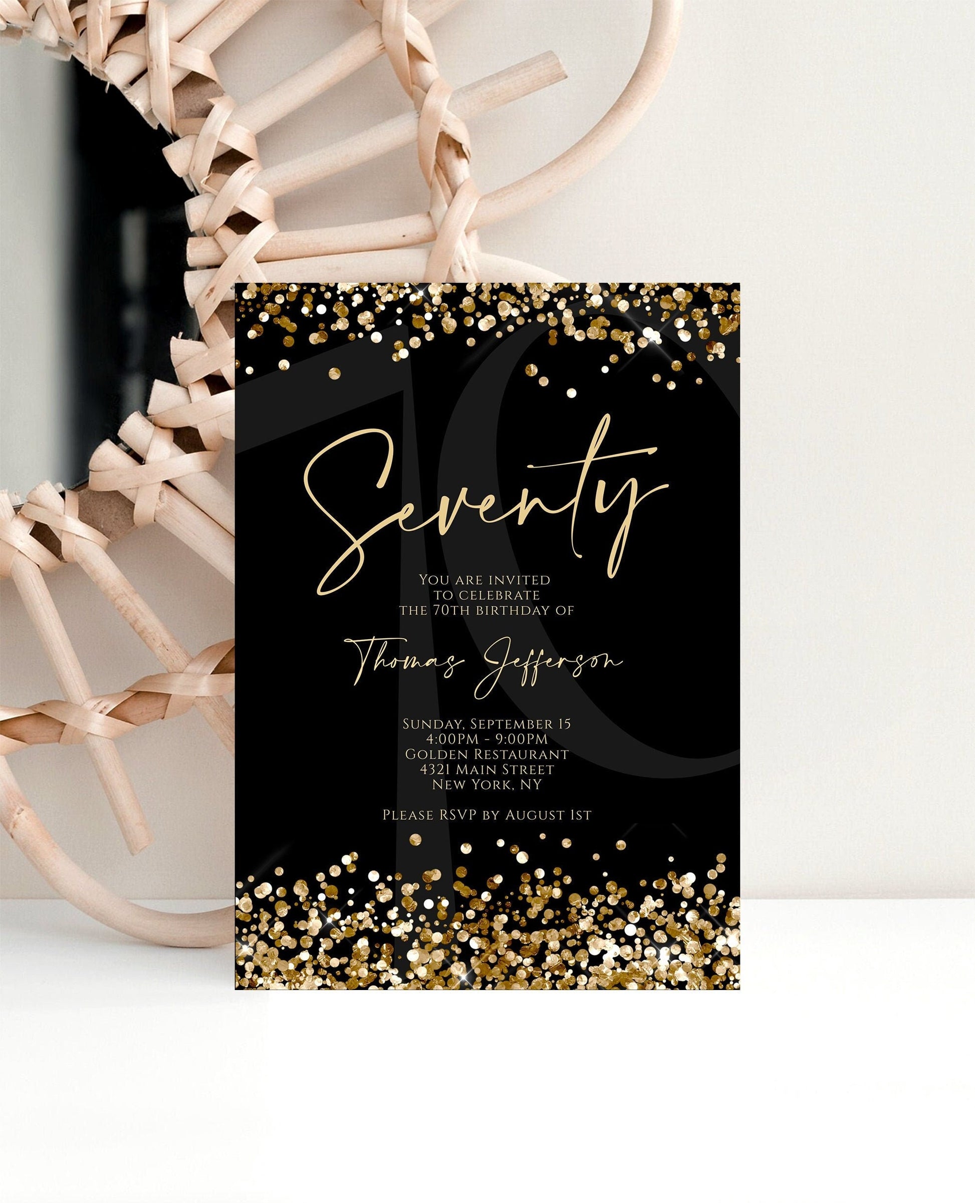 Printable 70th Birthday Invitation Template - Black and Gold | Instant Download
