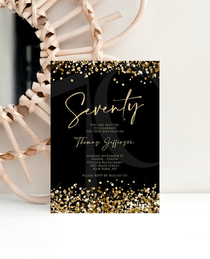 Printable 70th Birthday Invitation Template - Black and Gold | Instant Download