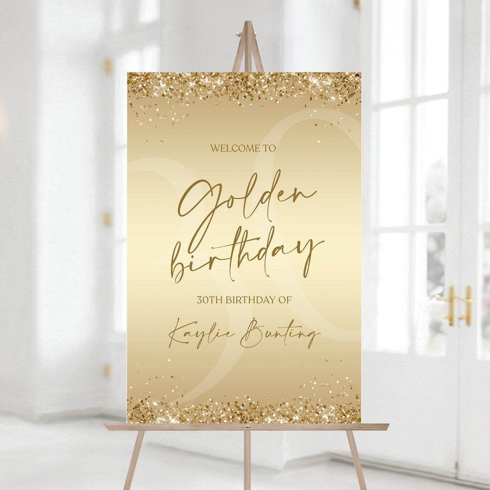 Printable Golden Birthday Welcome Sign, Any Age Editable Template, Modern Gold Confetti Birthday Welcome Poster, 30th 40th Instant Download
