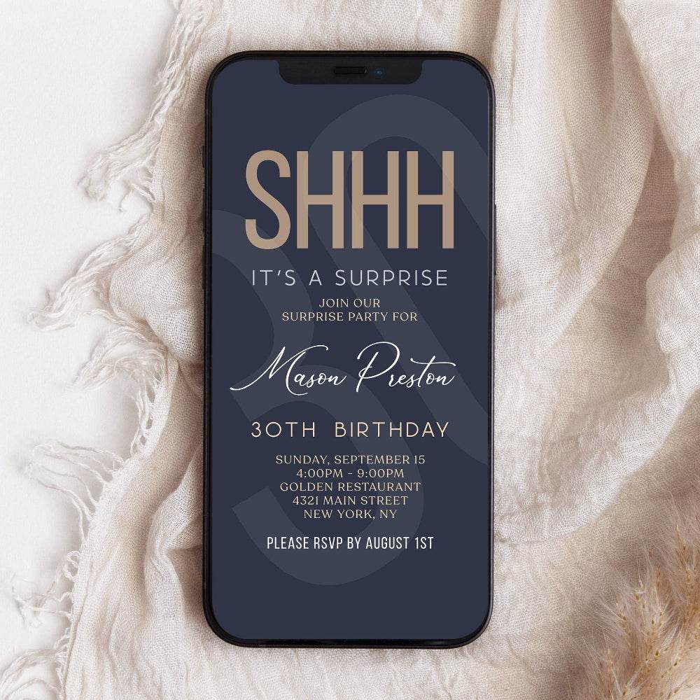Digital Navy Gold 30th Surprise Birthday Invitation – Editable Electronic Birthday Text Message Evite | Custom Phone Invite | Instant Download