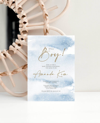 Printable It’s a Boy Baby Shower Invitation Template, Blue Watercolor Invite, Editable Elegant Baby Shower Digital Download