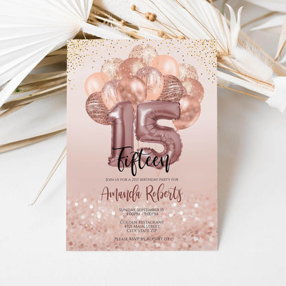 15th Birthday Invitation Template for Girl | Editable Rose Gold Balloons Invite | Digital 15th Party Card | Text Message or Email | Instant Download