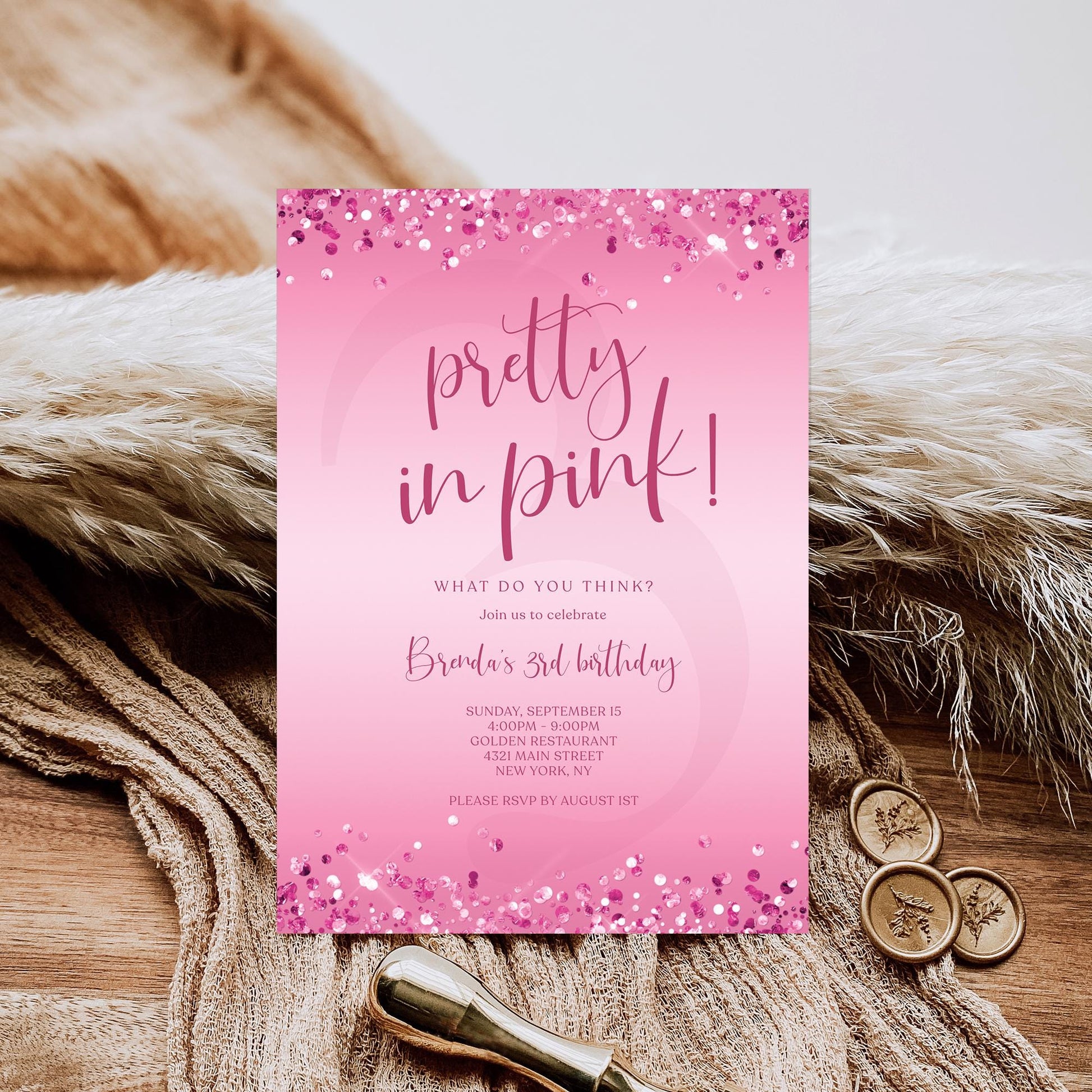 Pretty in Pink 3rd Girl Birthday Invitation Template | Editable & Printable