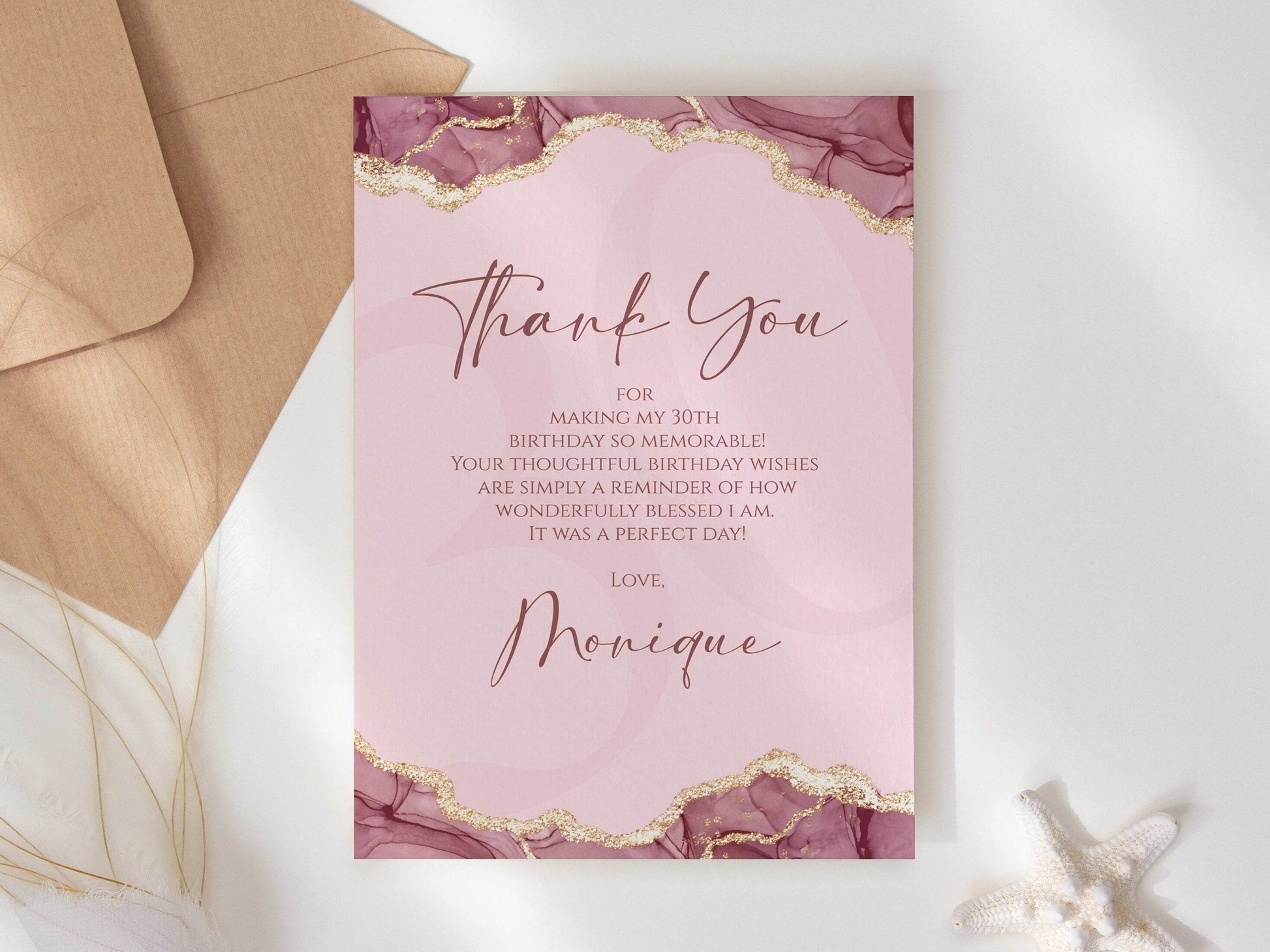 Burgundy Pink Gold Watercolor Thank-You Card, Editable Birthday & Anniversary Thank-You Template, Printable Digital Download