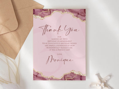 Burgundy Pink Gold Watercolor Thank-You Card, Editable Birthday & Anniversary Thank-You Template, Printable Digital Download