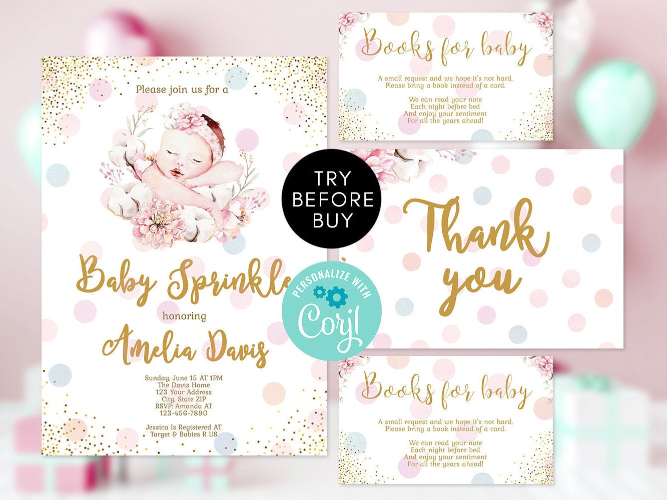 Baby Sprinkle Invitation Template, EDITABLE Blush Pink Floral Baby Girl Invite, Printable Baby Shower Invitation Bundle