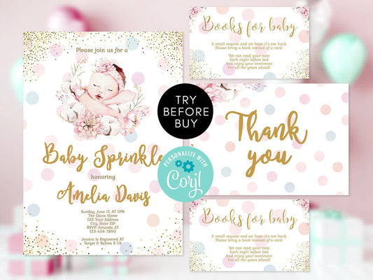 Baby Sprinkle Invitation Template, EDITABLE Blush Pink Floral Baby Girl Invite, Printable Baby Shower Invitation Bundle