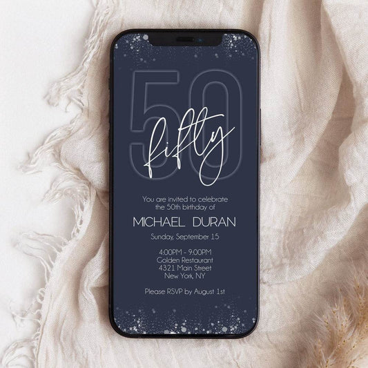 Editable 50th Birthday Invitation Evite – Blue Navy Silver Digital Invite for Men – Text or Email – Instant Download Template
