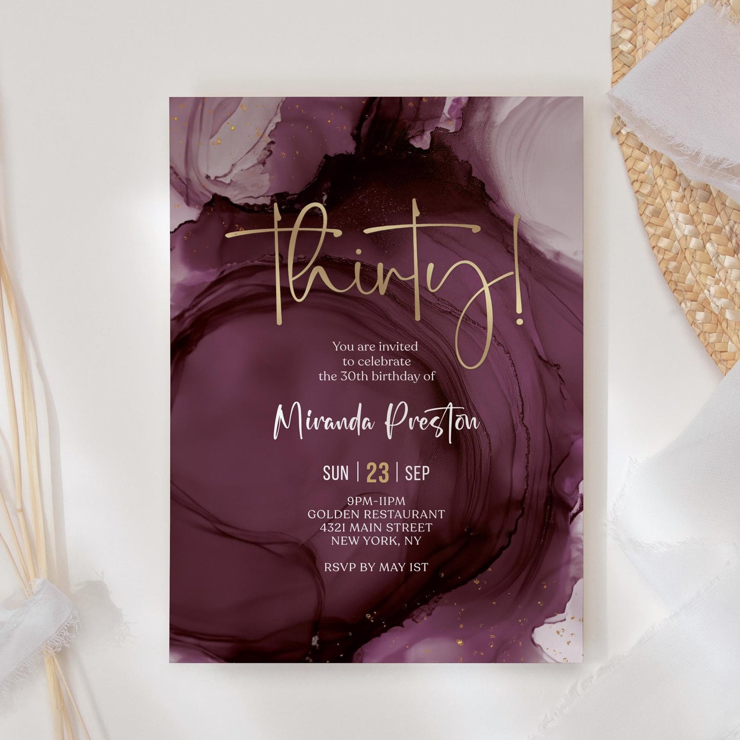Purple Gold 30th Thirty Birthday Invitation Template, Printable Maroon Woman Dinner Party Invite, Editable Surprise Invite, Digital Download