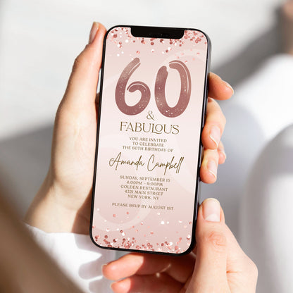 Digital Sixty and Fabulous Dinner Party Invite, 60th Birthday Invitation, Editable Rose Gold Ladies Evite, Electronic Text Message Evite