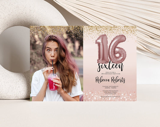 Printable Sixteen Rose Gold Balloon Photo Birthday Invitation, 16th Girl Party Editable Invite, 5x7, Digital Invitation, Instant Download
