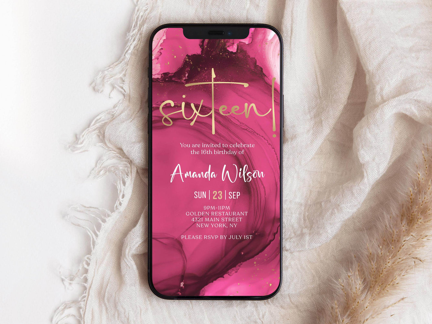 Fuchsia Pink Gold 16th Birthday Invitation Template, Editable Digital Girl Birthday Party Invite, Electronic Text Message Evite, Instant Download