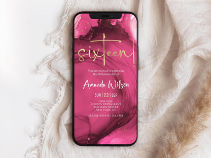 Fuchsia Pink Gold 16th Birthday Invitation Template, Editable Digital Girl Birthday Party Invite, Electronic Text Message Evite, Instant Download