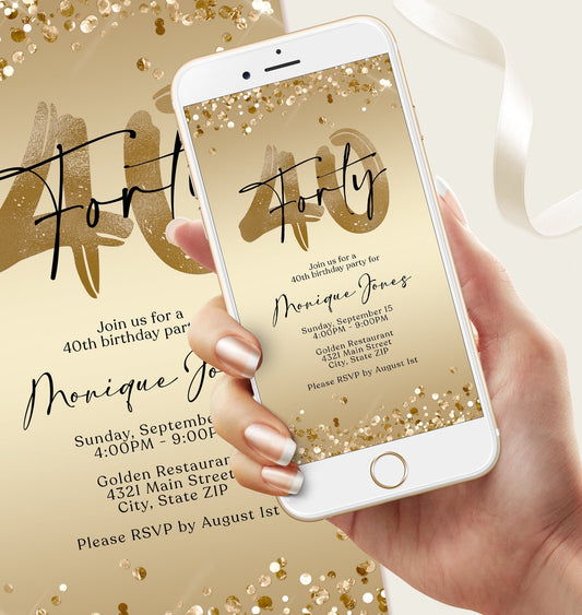 40th Birthday Invitation Template | Digital Gold Confetti Editable Evite | Electronic Birthday Party Invite for Email or Text | Instant Download