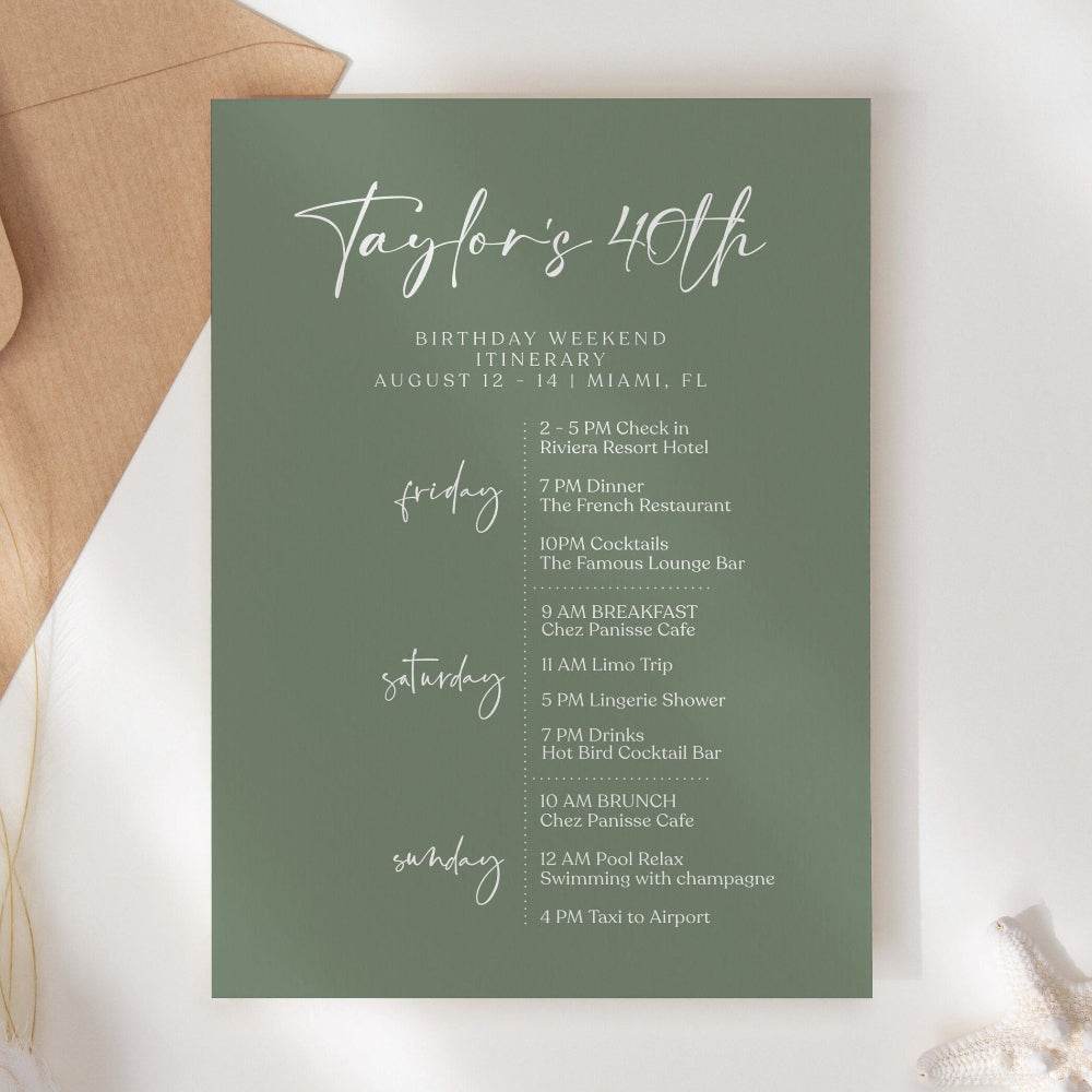 Sage Green 40th Birthday Weekend Itinerary Template, Printable Minimalist Itinerary, Editable Birthday Schedule, Digital Party Weekend Invite