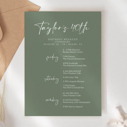 Sage Green 40th Birthday Weekend Itinerary Template, Printable Minimalist Itinerary, Editable Birthday Schedule, Digital Party Weekend Invite